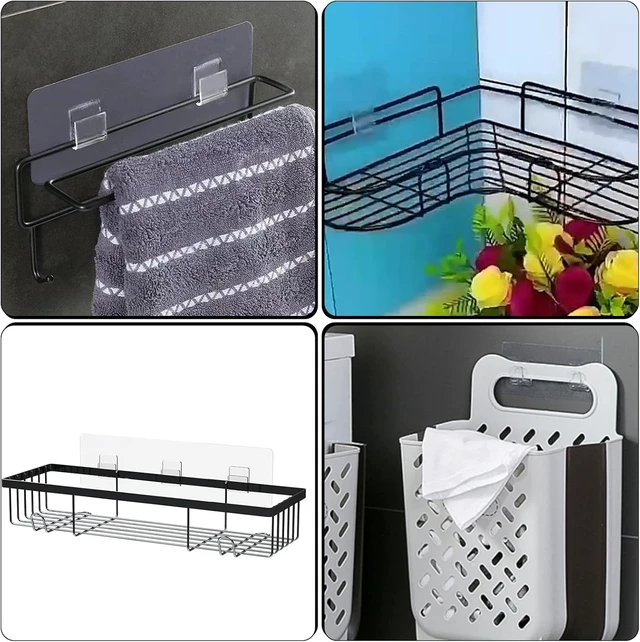 Alt view image 4 of 7 - No Drill Adhesive Shower Caddy Hooks Set Strong Wall Mounting Stickers for Bathroom Kitchen Office Corner Shelf Soap Dish