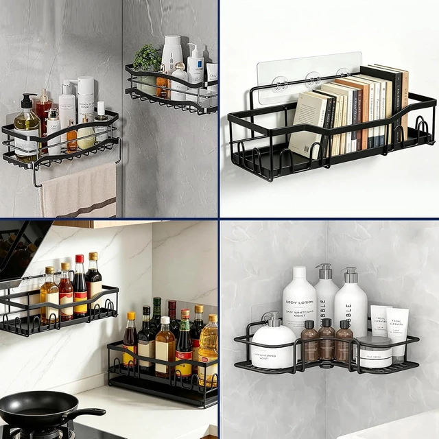Alt view image 7 of 7 - Bathroom & Kitchen Organization, No-Drill Transparent Plastic Adhesive Shower Caddy Mounts - Strong Stick-On Hooks for Corner Shelves