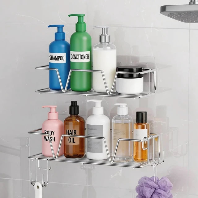Alt view image 5 of 7 - Bathroom & Kitchen Organization, No-Drill Transparent Plastic Adhesive Shower Caddy Mounts - Strong Stick-On Hooks for Corner Shelves