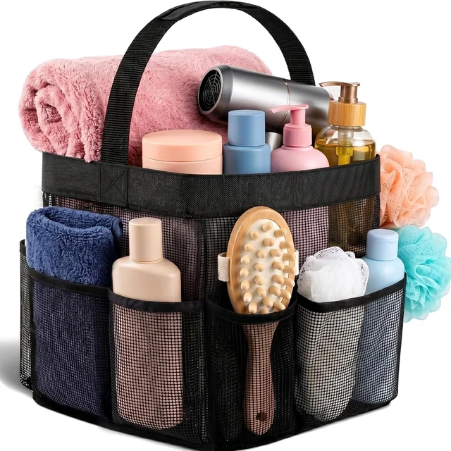 Alt view image 2 of 7 - Gym & Dorm Essentials, Portable Mesh Shower Caddy - Collapsible 9-Pocket Bathroom Organizer Tote Bag for Travel