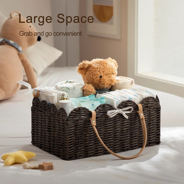 Alt view image 2 of 7 - Waterproof Nursery Basket for Baby Shower Gifts & Car Storage, Large Portable Scalloped Plastic Wicker Diaper Caddy Organizer with Divider