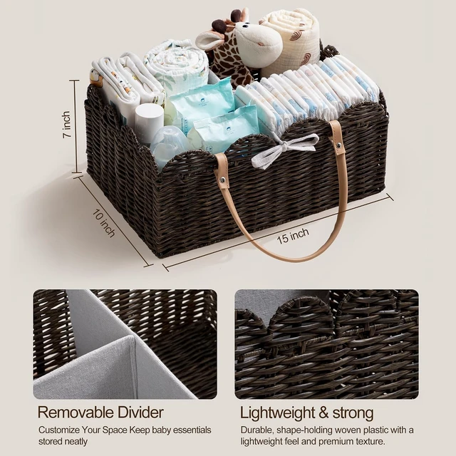 Alt view image 5 of 7 - Waterproof Nursery Basket for Baby Shower Gifts & Car Storage, Large Portable Scalloped Plastic Wicker Diaper Caddy Organizer with Divider
