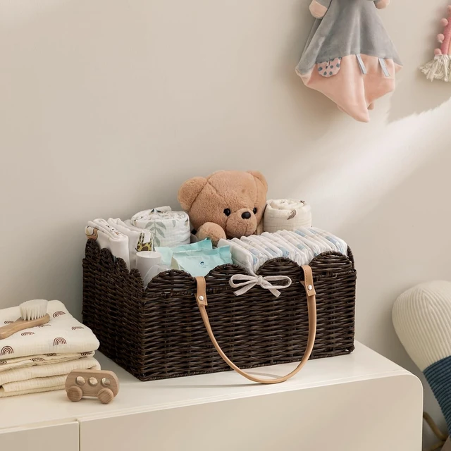 Alt view image 3 of 7 - Waterproof Nursery Basket for Baby Shower Gifts & Car Storage, Large Portable Scalloped Plastic Wicker Diaper Caddy Organizer with Divider
