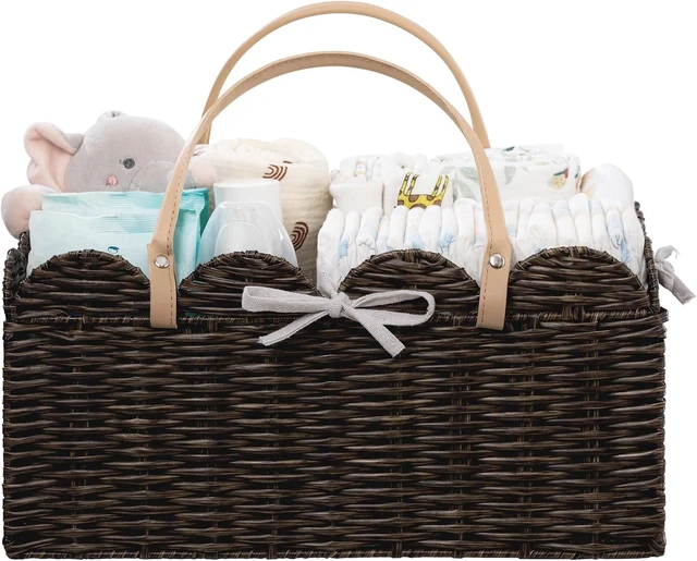 Main image of Waterproof Nursery Basket for Baby Shower Gifts & Car Storage, Large Portable Scalloped Plastic Wicker Diaper Caddy Organizer with Divider