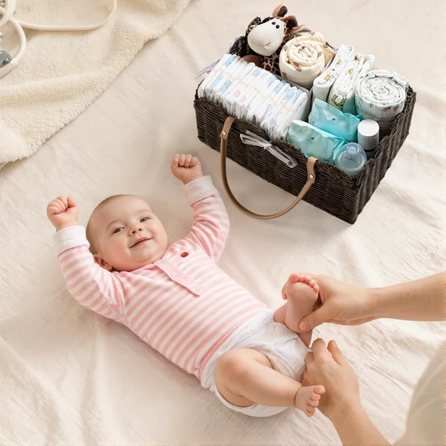 Alt view image 6 of 7 - Waterproof Nursery Basket for Baby Shower Gifts & Car Storage, Large Portable Scalloped Plastic Wicker Diaper Caddy Organizer with Divider