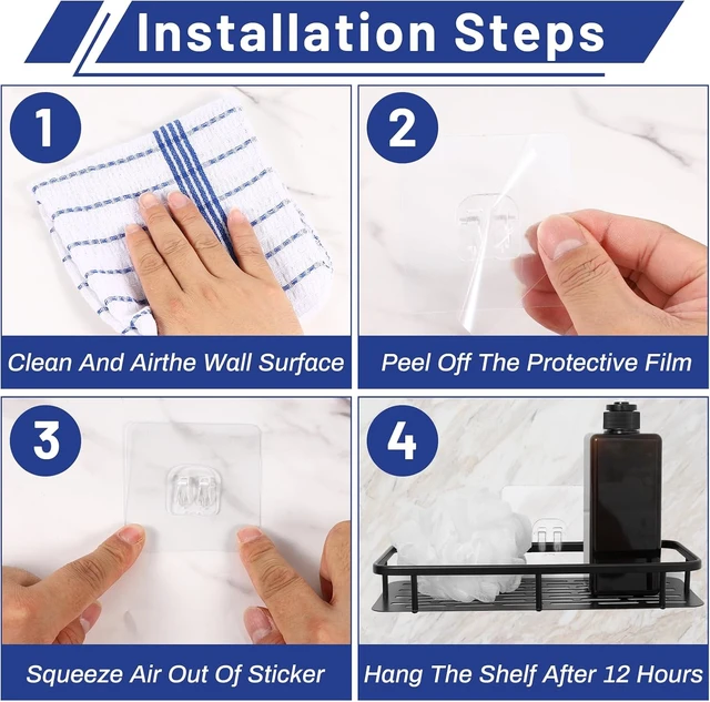 Alt view image 7 of 7 - No Drill Adhesive Shower Caddy Hooks Strong Transparent Sticky Strips for Bathroom Kitchen Shelf Organizer Racks Replacement