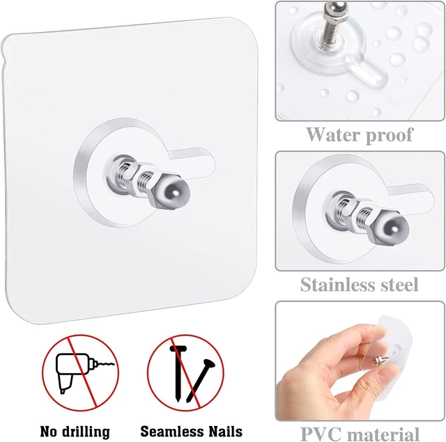 Alt view image 7 of 7 - Strong Transparent Wall Hooks, No-Drill Waterproof Adhesive Mounting Pads for Bathroom Shelves & Racks