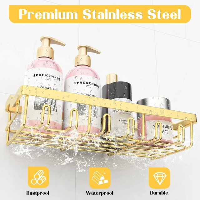 Alt view image 4 of 5 - Rustproof Wall Mounted Bathroom Shelves with Adhesive Mounting for Home Storage, Stainless Steel Shower Organizer Set