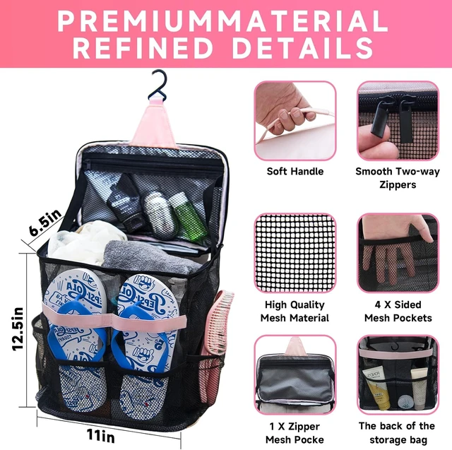 Alt view image 3 of 7 - Travel & Summer Camp, Gym, Quick-Dry College Dorm Toiletry Organizer for Women, Mesh Shower Caddy with Built-In Hook