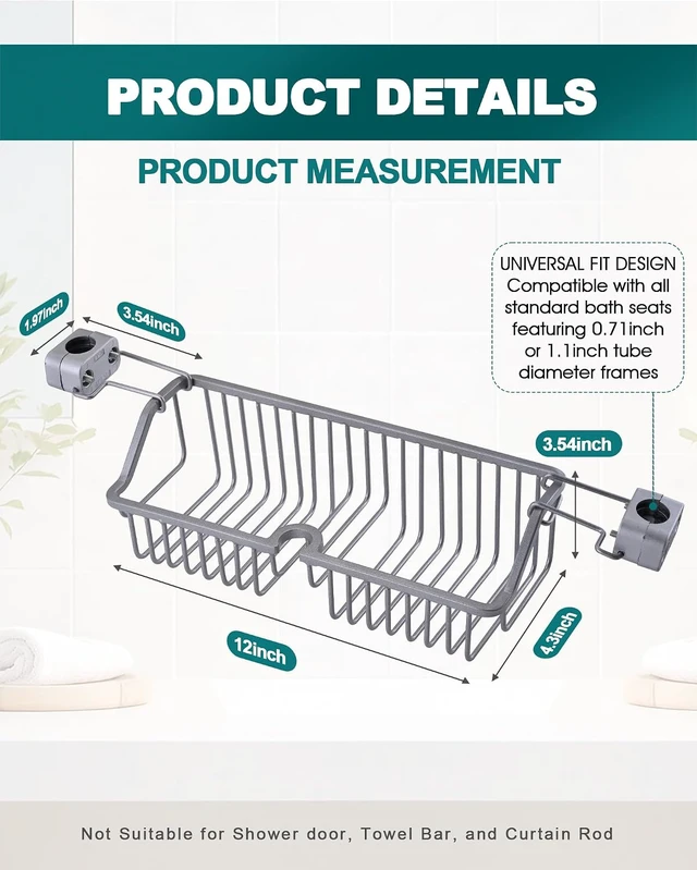 Alt view image 2 of 7 - Shampoo Holder for Elderly & Disabled, Rustproof Hanging Organizer for Bath Bench, Stainless Steel Shower Chair Basket