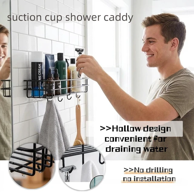Alt view image 3 of 7 - No-Drill Installation for Home Storage, Fast-Drain Shelf, Rust-Resistant Bathroom Organizer with 4 Hooks, Adhesive Wall Shower Caddy