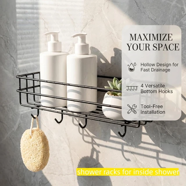 Alt view image 2 of 7 - No-Drill Installation for Home Storage, Fast-Drain Shelf, Rust-Resistant Bathroom Organizer with 4 Hooks, Adhesive Wall Shower Caddy