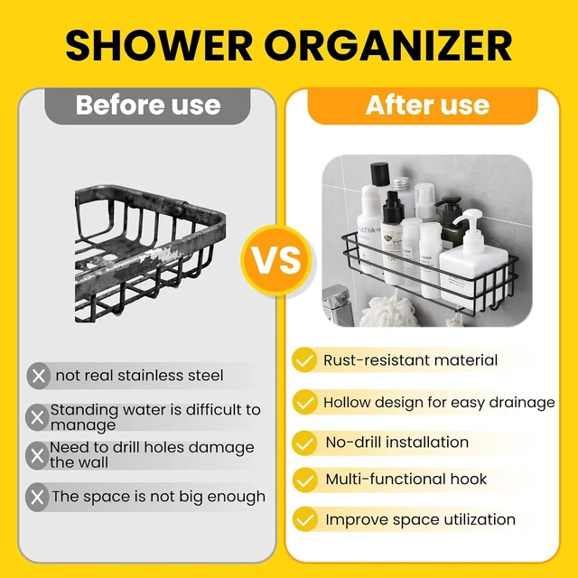 Alt view image 5 of 7 - No-Drill Installation for Home Storage, Fast-Drain Shelf, Rust-Resistant Bathroom Organizer with 4 Hooks, Adhesive Wall Shower Caddy