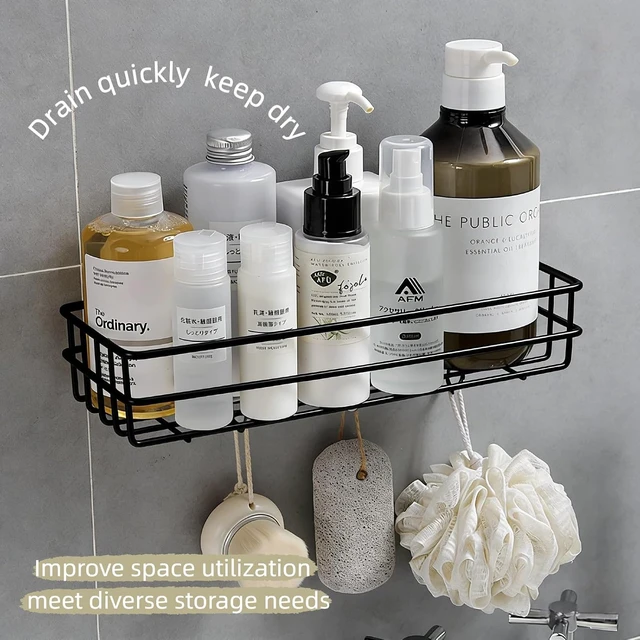 Alt view image 6 of 7 - No-Drill Installation for Home Storage, Fast-Drain Shelf, Rust-Resistant Bathroom Organizer with 4 Hooks, Adhesive Wall Shower Caddy