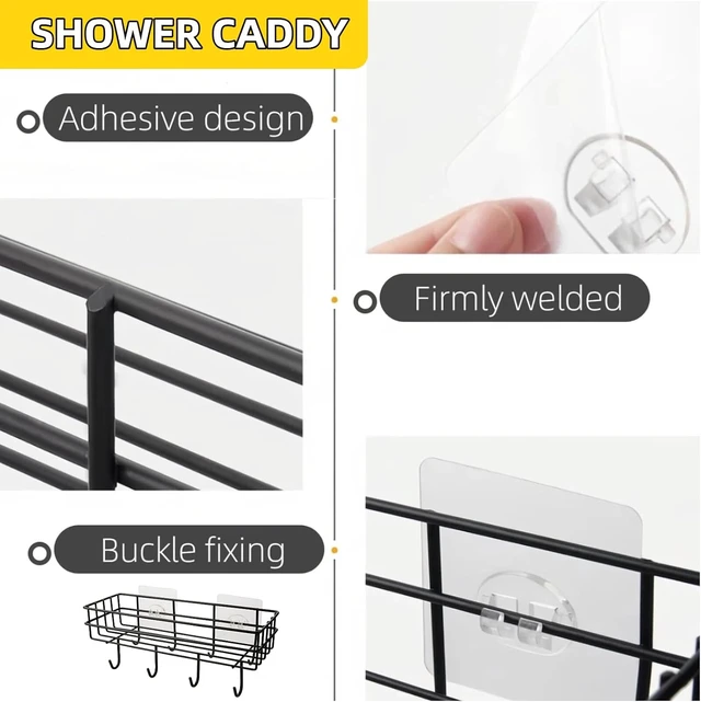 Alt view image 7 of 7 - No-Drill Installation for Home Storage, Fast-Drain Shelf, Rust-Resistant Bathroom Organizer with 4 Hooks, Adhesive Wall Shower Caddy