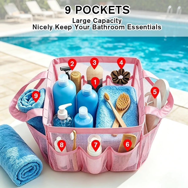 Alt view image 2 of 7 - Beach & Gym, Travel, Portable Quick Dry Toiletry Bag for Dorm, Foldable Mesh Shower Caddy with 9 Pockets