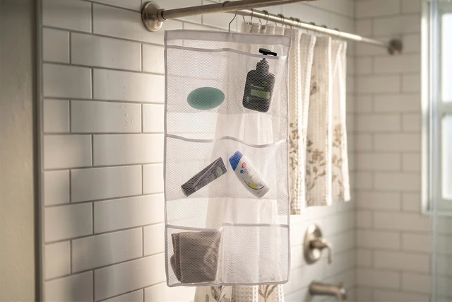 Alt view image 6 of 6 - Quick-Dry Bath Organizer and Space-Saving Bathroom Accessory, Hanging Mesh Shower Caddy with 6 Storage Pockets