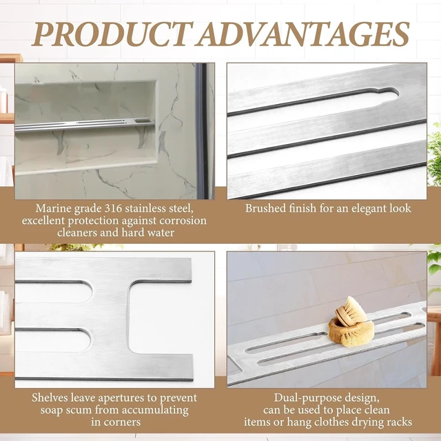 Alt view image 4 of 7 - Marine Grade Floating Shelf for Bathroom Tile Remodel & Storage, Stainless Steel Shower Niche Shelf Insert - Ultra-Thin Brushed Metal Divider for Prefabricated Niches