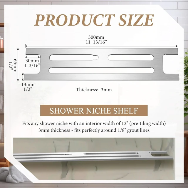 Alt view image 2 of 7 - Marine Grade Floating Shelf for Bathroom Tile Remodel & Storage, Stainless Steel Shower Niche Shelf Insert - Ultra-Thin Brushed Metal Divider for Prefabricated Niches