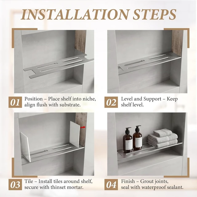 Alt view image 6 of 7 - Marine Grade Floating Shelf for Bathroom Tile Remodel & Storage, Stainless Steel Shower Niche Shelf Insert - Ultra-Thin Brushed Metal Divider for Prefabricated Niches