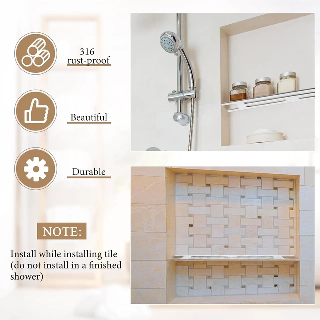 Alt view image 3 of 7 - Marine Grade Floating Shelf for Bathroom Tile Remodel & Storage, Stainless Steel Shower Niche Shelf Insert - Ultra-Thin Brushed Metal Divider for Prefabricated Niches
