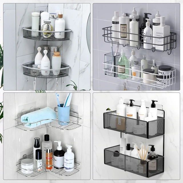 Alt view image 3 of 7 - No-Drill Soap Basket & Bathroom Kitchen Storage Shelves, Clear Adhesive Shower Caddy Set
