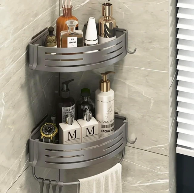 Alt view image 4 of 4 - No Drill Required, Rust-Resistant, Stick-On Bathroom Organizer, Dual Triangle Shower Corner Rack