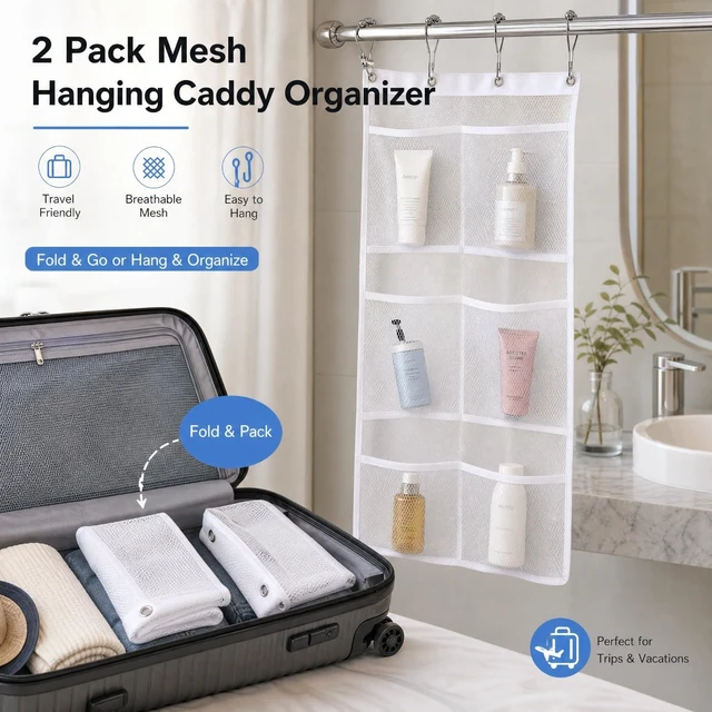 Alt view image 4 of 7 - Bathroom Bath Toy Holder, Shower Curtain Rod Liner Storage Caddy, Mesh Hanging Organizer with 6 Pockets