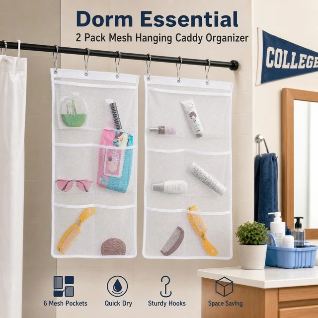 Alt view image 5 of 7 - Bathroom Bath Toy Holder, Shower Curtain Rod Liner Storage Caddy, Mesh Hanging Organizer with 6 Pockets