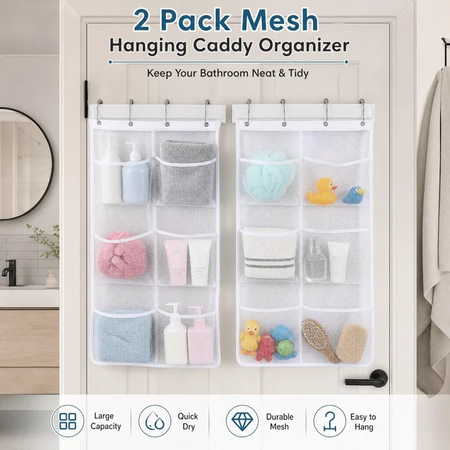 Alt view image 7 of 7 - Bathroom Bath Toy Holder, Shower Curtain Rod Liner Storage Caddy, Mesh Hanging Organizer with 6 Pockets