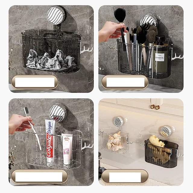 Alt view image 5 of 6 - Transparent Gray Plastic Suction Cup Storage Rack Removable Organizer Box for Kitchen Bathroom