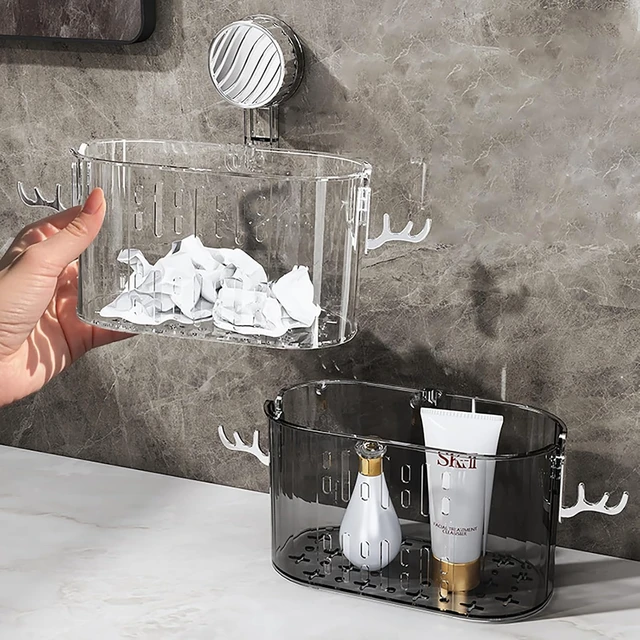 Alt view image 6 of 6 - Transparent Gray Plastic Suction Cup Storage Rack Removable Organizer Box for Kitchen Bathroom