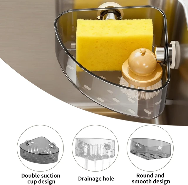 Alt view image 5 of 7 - Corner Drain Organizer for Kitchen Sponges and Scrubbers, Suction Cup Triangle Sink Strainer Basket