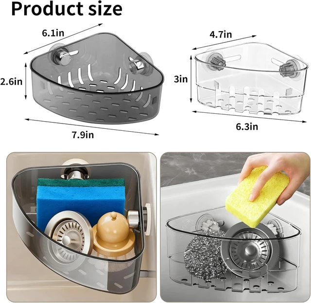 Alt view image 2 of 7 - Corner Drain Organizer for Kitchen Sponges and Scrubbers, Suction Cup Triangle Sink Strainer Basket