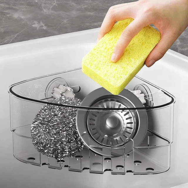 Alt view image 7 of 7 - Corner Drain Organizer for Kitchen Sponges and Scrubbers, Suction Cup Triangle Sink Strainer Basket