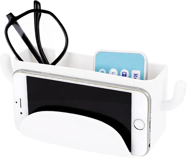 Main image of Drill-Free Plastic Organizer for Small Items, Stick-On Wall Remote Control Storage Rack with Phone Cradle and Side Hooks