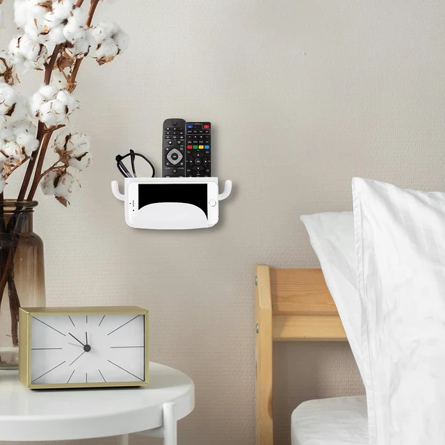 Alt view image 5 of 6 - Drill-Free Plastic Organizer for Small Items, Stick-On Wall Remote Control Storage Rack with Phone Cradle and Side Hooks