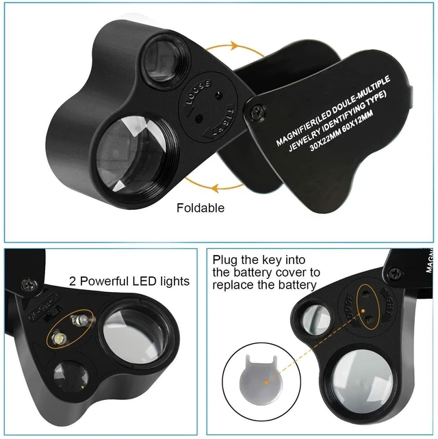 Alt view image 5 of 7 - 30X 60X Illuminated Jewelers Eye Loupe Foldable Magnifier Bright LED Light Gold