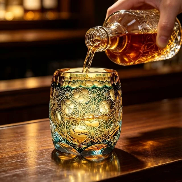 Alt view image 2 of 7 - Edo Kiriko Crystal Whiskey Glass Hand Cut Green Amber Daisy Old Fashioned 9.8oz