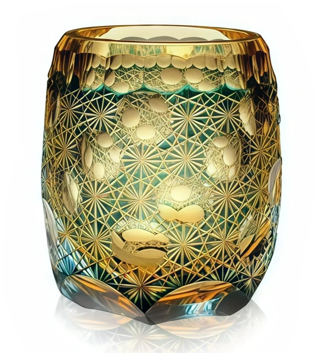 Main image of Edo Kiriko Crystal Whiskey Glass Hand Cut Green Amber Daisy Old Fashioned 9.8oz