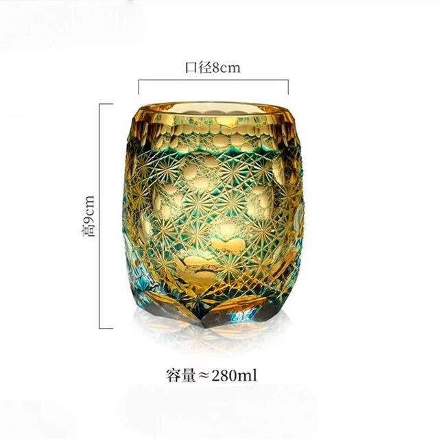 Alt view image 6 of 7 - Edo Kiriko Crystal Whiskey Glass Hand Cut Green Amber Daisy Old Fashioned 9.8oz