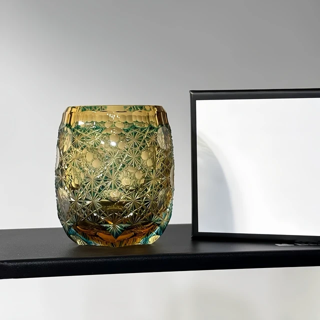 Alt view image 5 of 7 - Edo Kiriko Crystal Whiskey Glass Hand Cut Green Amber Daisy Old Fashioned 9.8oz