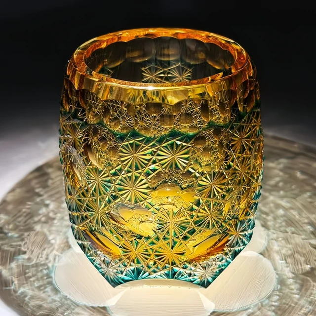 Alt view image 3 of 7 - Edo Kiriko Crystal Whiskey Glass Hand Cut Green Amber Daisy Old Fashioned 9.8oz