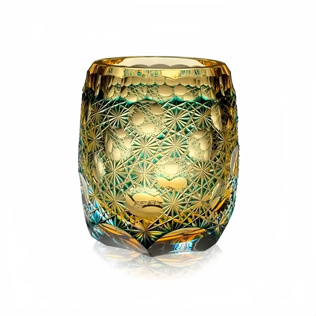 Alt view image 7 of 7 - Edo Kiriko Crystal Whiskey Glass Hand Cut Green Amber Daisy Old Fashioned 9.8oz
