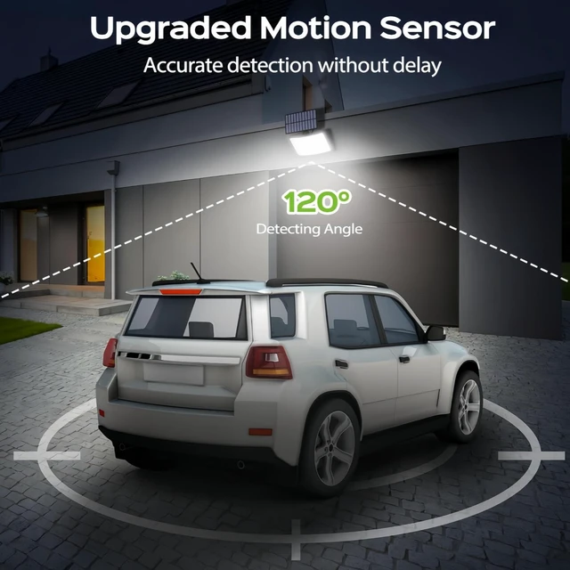 Alt view image 4 of 6 - 202 LED Solar Outdoor Flood Lights, 2800LM 6500K Motion Sensor Security Light with Remote Control, 3 Modes, Waterproof Wall Light with 16.4ft Cable for Garage Garden