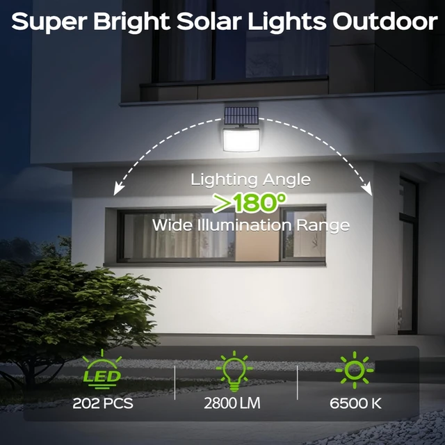 Alt view image 5 of 6 - 202 LED Solar Outdoor Flood Lights, 2800LM 6500K Motion Sensor Security Light with Remote Control, 3 Modes, Waterproof Wall Light with 16.4ft Cable for Garage Garden