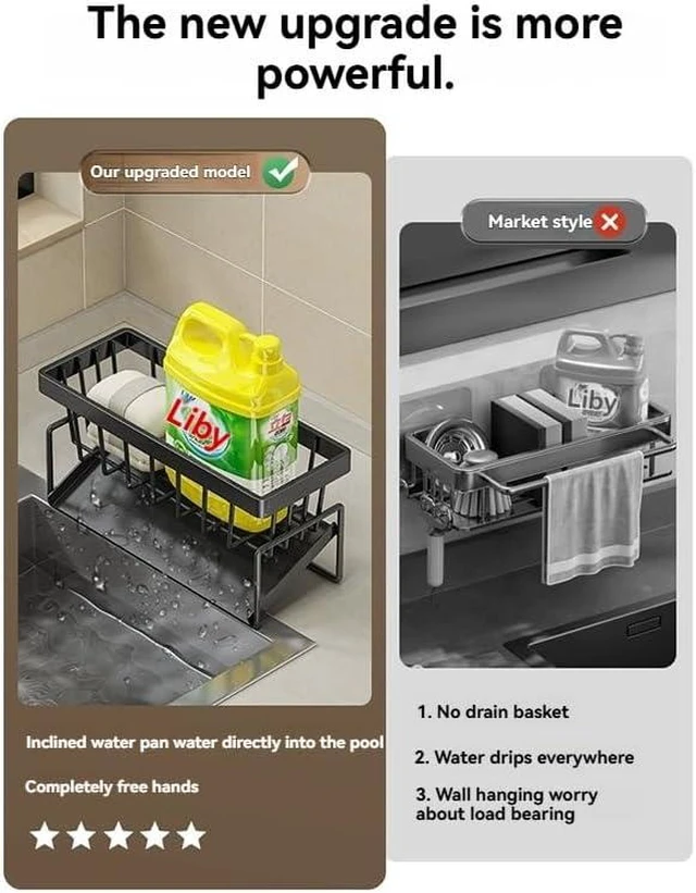Alt view image 2 of 5 - Black Metal Kitchen Sink Caddy Organizer Self-Draining Tray, Counter top Storage Rack for Sponge, Soap, Dishwashing Supplies