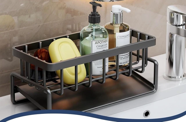 Alt view image 3 of 5 - Black Metal Kitchen Sink Caddy Organizer Self-Draining Tray, Counter top Storage Rack for Sponge, Soap, Dishwashing Supplies