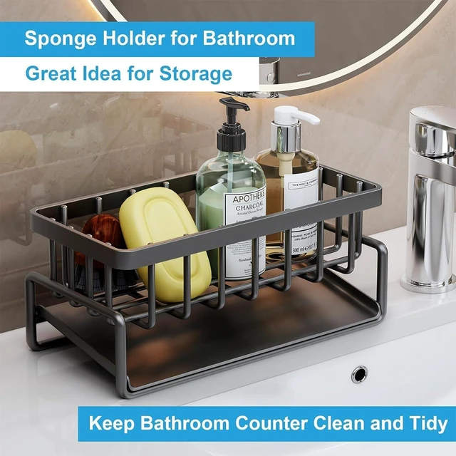 Alt view image 4 of 5 - Black Metal Kitchen Sink Caddy Organizer Self-Draining Tray, Counter top Storage Rack for Sponge, Soap, Dishwashing Supplies