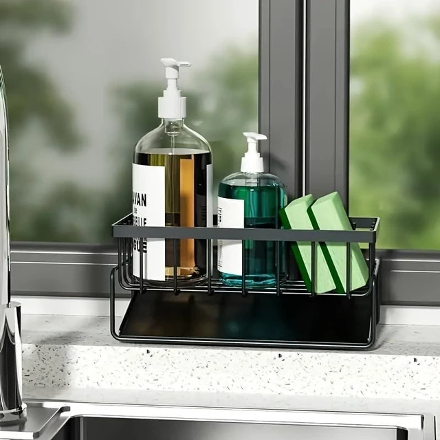 Alt view image 5 of 5 - Black Metal Kitchen Sink Caddy Organizer Self-Draining Tray, Counter top Storage Rack for Sponge, Soap, Dishwashing Supplies